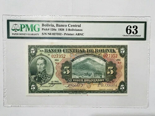 ボリビア、PMG、Banco De Bolivia、(1928) 5 ボリビア人、非流通。