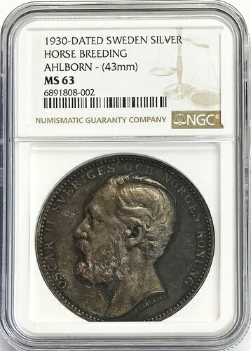 1930年 シルバー スウェーデン オスカー II 馬育種賞 アールボーン 43mm メダル NGC MS 63