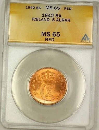1942年 アイスランド 5A 5オーラル銅貨 ANACS MS-65 レッド GEM BU (C)