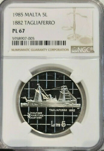 1984 マルタ シルバー 5 リリ海事史 1882 タリアフェッロ NGC PL 67 希少な美しさ