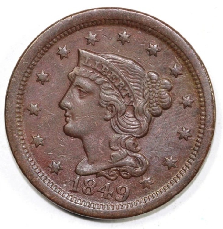 1849年 1セント N-21 編み込みヘア ラージセント