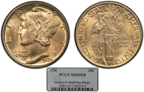 1934年 10セント マーキュリーダイム - コミック＆スタッフ - フルバンド - PCGS MS 65 FB - SKU-B2000