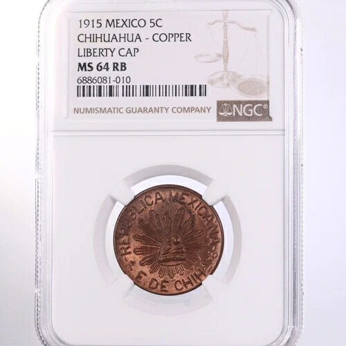 1915年メキシコ5セントチワワ銅キャップリバティNGC認定MS64 RB