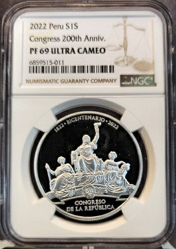 2022年 ペルー シルバー 1ソル S1S コングレス 200周年記念 NGC PF 69 ウルトラカメオ