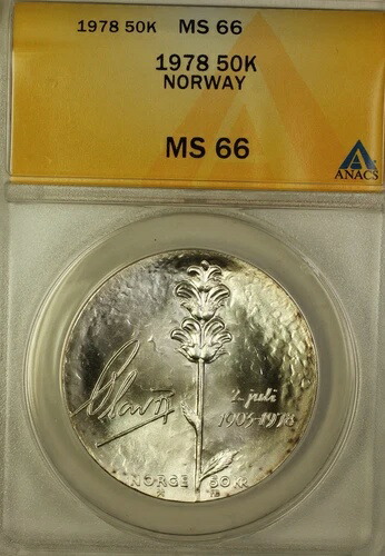 1978年ノルウェー50クローネ硬貨ANACS MS-66 Gem 84,700円