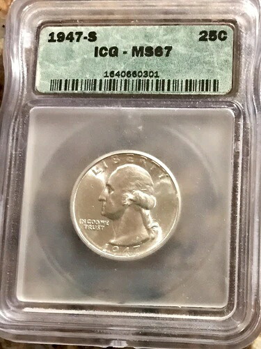 1947-S ワシントン銀貨 25セント ICG MS-67 (301)