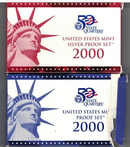 2000年と2001年の米国銀貨およびクラッド貨10枚プルーフコインセット（州クォーター付き）