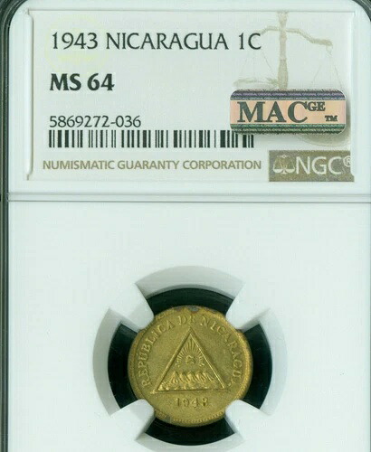 1943 ニカラグア センタボ NGC MS64 PQ MAC 2番目に最高級で汚れのない非常に珍しい。