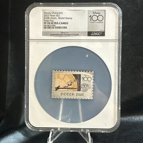 驚異の 100 年、ウォルト ディズニー、ピーター パン、NGC PF 70 切手 / コイン、1 オンス、.999 シルバー。