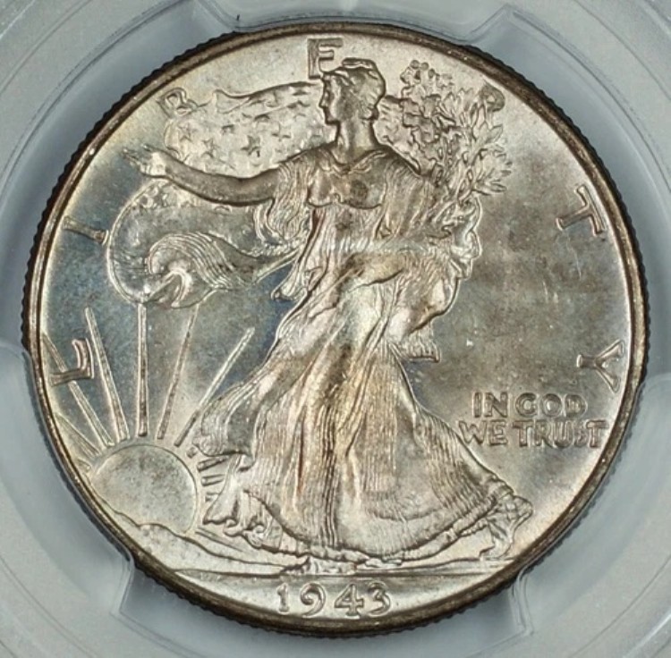1943年ウォーキング・リバティ・シルバー・ハーフドル、PCGS MS-64、軽い変色、新品ホルダー