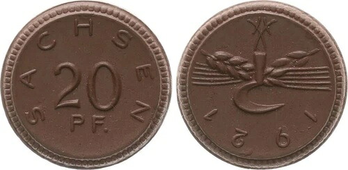 20 ペニッヒ 1921 フリーステート ザクセン フランス語 エンボス加工 180° スタンペルドレハング 98052|WORLD RESOURCE【KING店】