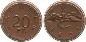 20 Pfennig 1921 Free State Saxony 180° Stempeldrehung Mint State、茶色の磁器