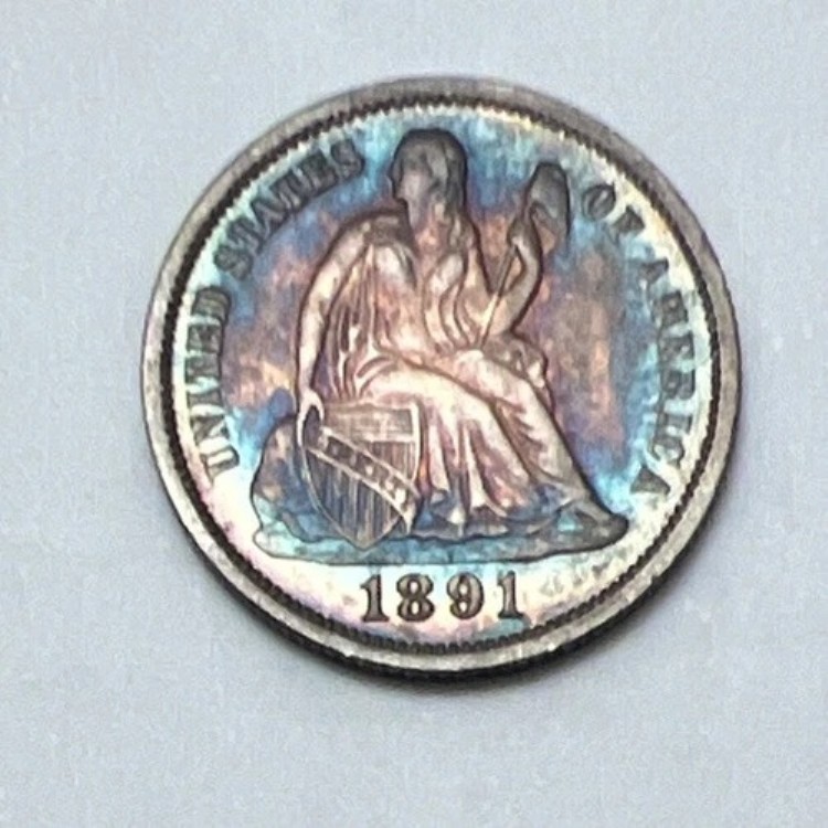 1891年フィラデルフィア造幣局発行のシルバーシートリバティダイム（未使用、トーン加工）