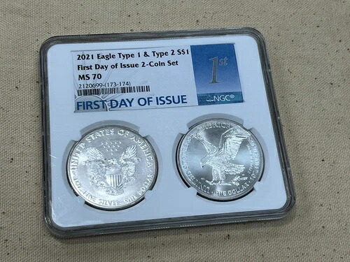 2021年 アメリカンシルバーイーグル タイプ1＆2 コインセット NGC MS 70 FDOI 初日 A39｜WORLD RESOURCE【KING店】 88,330円