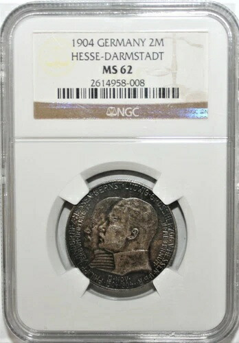 ドイツ・ヘッセン・ダルムシュタット 2マルク 1904年 NGC MS-62 ブリリアント未流通銀貨