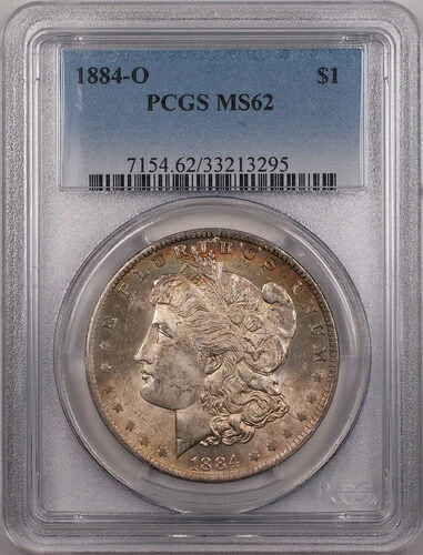 1884-O モルガン シルバー ダラー 1 ドル コイン PCGS MS 62 (美しいレインボー トーニング 12-A)｜WORLD RESOURCE【KING店】