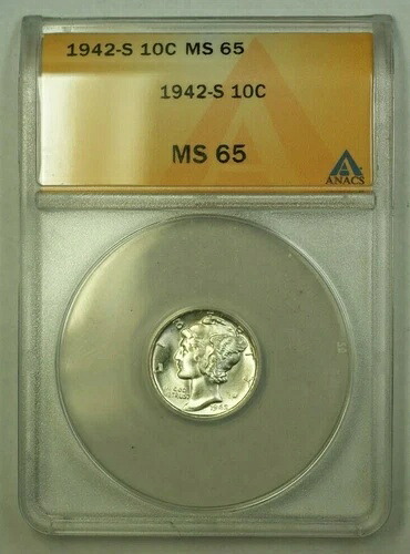1942-S シルバー マーキュリー ダイム 10セント ANACS MS-65 "FSB" (H) (WW)｜WORLD RESOURCE【KING店】