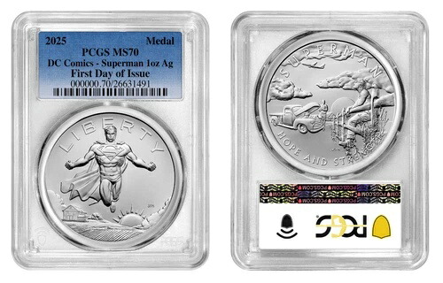 2025年 シルバーメダル スーパーマン DCコミックス 1オンス PCGS MS70 発行初日 OGP #1付き