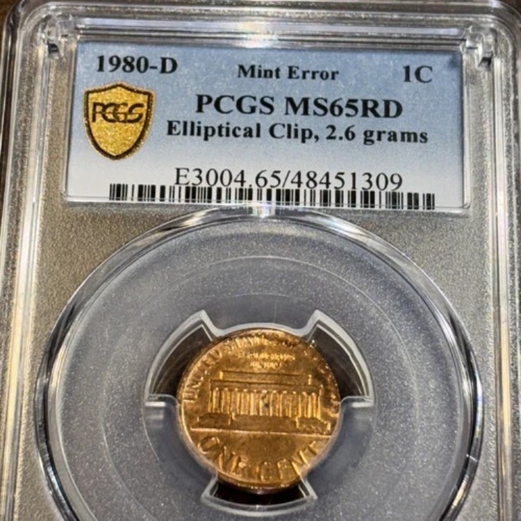リンカーン セントエラー 1980 D PCGS MS 65 レッド 楕円形クリップ わずか2.6グラム ジェムレッド