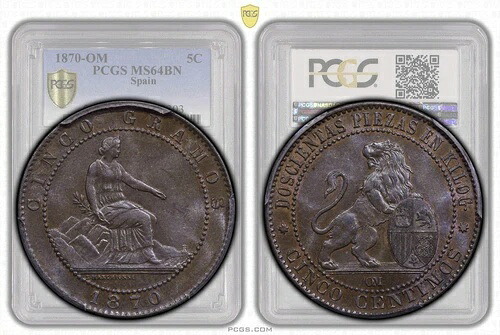 スペイン、臨時政府、5センティモ、1870年、PCGS MS 64 BN 105,875円
