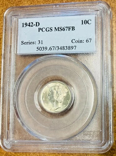 1942 D マーキュリー ダイム PCGS MS67 FB 高グレード。