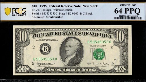 1995 $10 FRN B53535353C 2桁リピーター P.C.G.S #64PPQ