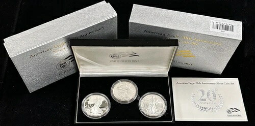 2006年アメリカンシルバーイーグル20周年記念3枚セット、プルーフ（2）、未使用（1）