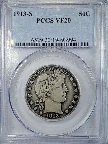 1913-S シルバー バーバー ハーフダラー PCGS VF20