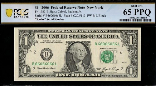 2006 $1 FRN B66066066L レーダー P.C.G.S #65PPQ