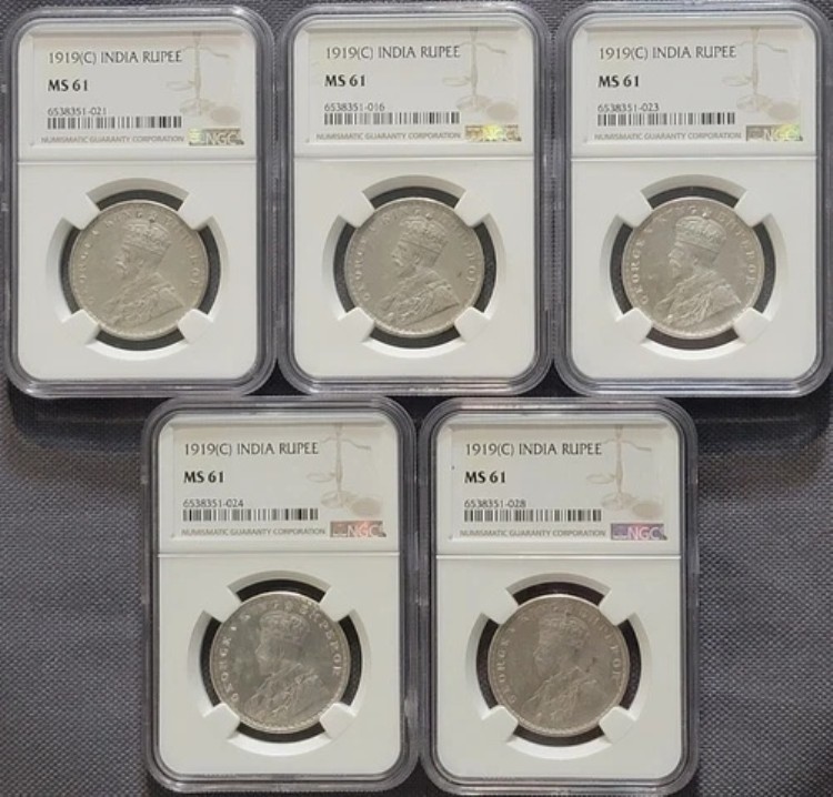 ロット（5）1919年C 英国インド銀貨ルピー NGC MS61 溶解モルガンドル製