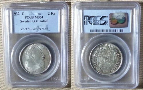スウェーデン : 1932-G 2 Kr. G. II.アドルフ #805 低造幣局証明書「PCGC」MS64 CT08