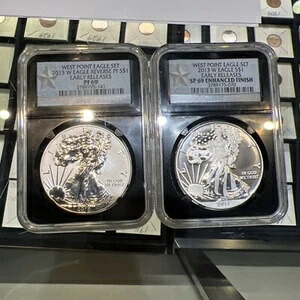 2013 W リバース プルーフ シルバー イーグル NGC PF69 & エンハンスド SP69 2 コイン ウェストポイント セット