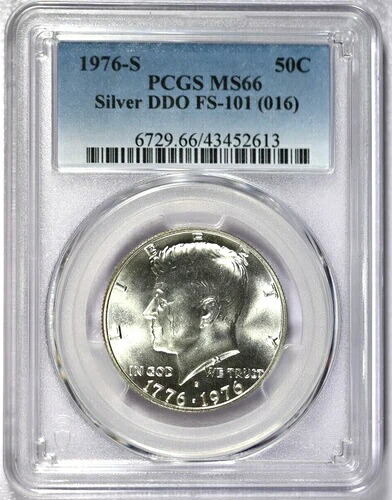 1976-S PCGS MS66 シルバー DDO FS-101 (016) ケネディ ハーフダラー - 価格ガイド $250