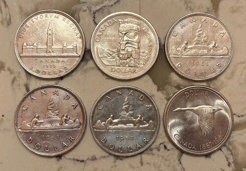 1939年、1953年、1958年、1959年、1961年、1967年 カナダ 1ドル銀貨