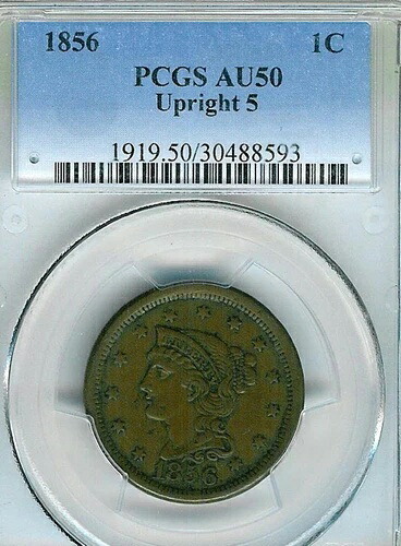 1856年編み込みヘアラージセント：PCGS AU50アップライト5｜WORLD RESOURCE【KING店】