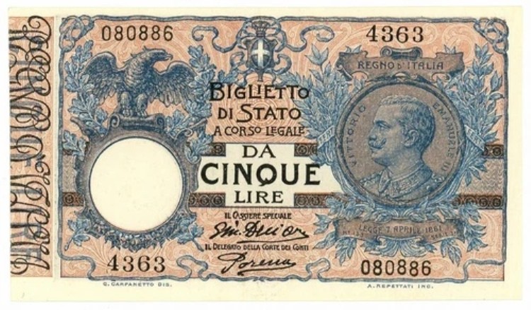 5 リラ BIGLIETTO DI STATO ヴィットリオ・エマヌエーレ 3 世 フロレアーレ 14/10/1917 FDS-/FDS｜WORLD RESOURCE【KING店】