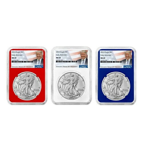 2023年 1ドル アメリカン シルバー イーグル 3点セット NGC MS69 ER トランプラベル 赤 白 青