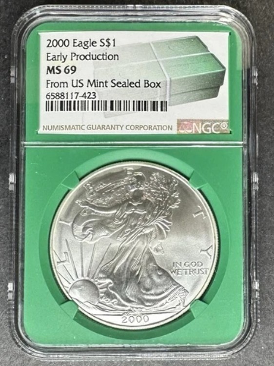 2000 年アメリカン シルバー イーグル 初期生産 NGC MS-69、3 点購入で 5 ドル割引!!｜WORLD RESOURCE【KING店】 176,000円