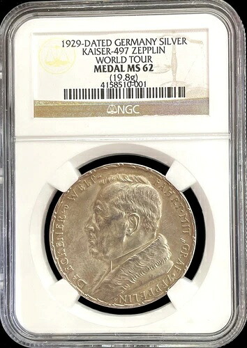 1929年 銀製 ワイマール共和国 ドイツ ツェッペリン ワールドツアー メダル NGC ミント ステート 62｜WORLD RESOURCE【KING店】