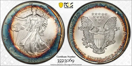 2000年 1オンス シルバー アメリカンイーグル - PQ ブルズアイ レインボーパターン トーニング PCGS MS 68|WORLD RESOURCE【KING店】
