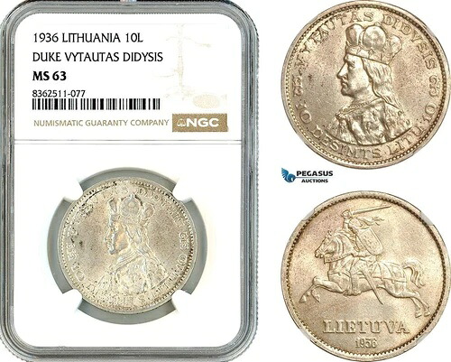 AK790、リトアニア、10 Litu 1936、デューク ヴィタウタス ディディシス、シルバー、NGC MS63|WORLD RESOURCE【KING店】