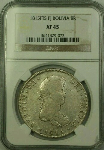 1815-PTS PJ ボリビア 8レアル銀貨 NGC XF 45