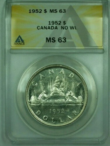 1952年 水線なし WL カナダドル 1ドル 銀貨 ANACS MS-63