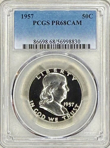 1957年 プルーフ フランクリン ハーフダラー、PCGS PR68 CAM、両面にソリッドユニフォームカメオ｜WORLD RESOURCE【KING店】