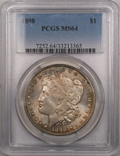 1898年 モルガン シルバー ダラー 1ドル コイン PCGS MS 64 (トーン 12)