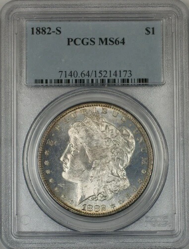 1882-S モーガン銀貨 1ドル PCGS MS-64 美しいトーンのレヴ（プルーフライク）（2F）