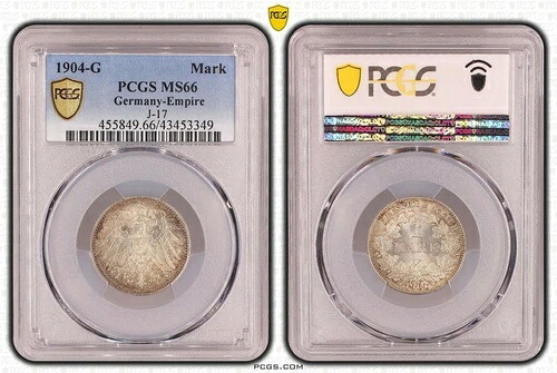 帝国1マルク貨幣 J.17 1904 G ブリリアント 未流通 PCGS MS66 72379