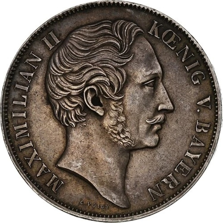 バイエルン王国、マクシミリアン2世、2グルデン、1855年、ミュンヘン、銀、XF、KM:848-