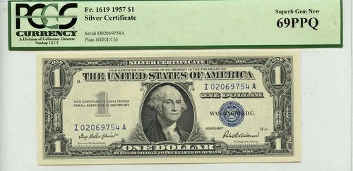 1957年 1ドル銀貨証明書 FR#1619 PCGS スーパージェム 69 PPQ｜WORLD RESOURCE【KING店】