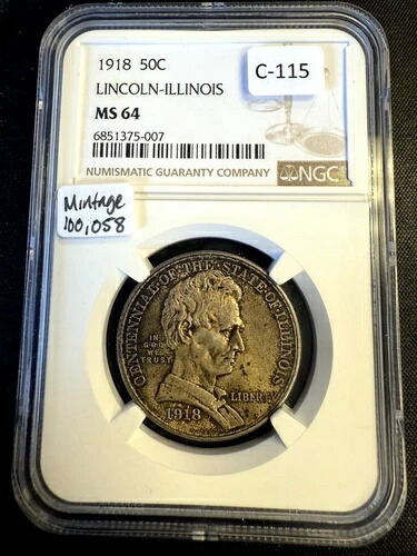 1918年リンカーン・イリノイ記念銀貨ハーフドル（NGC MS64）。素晴らしい！